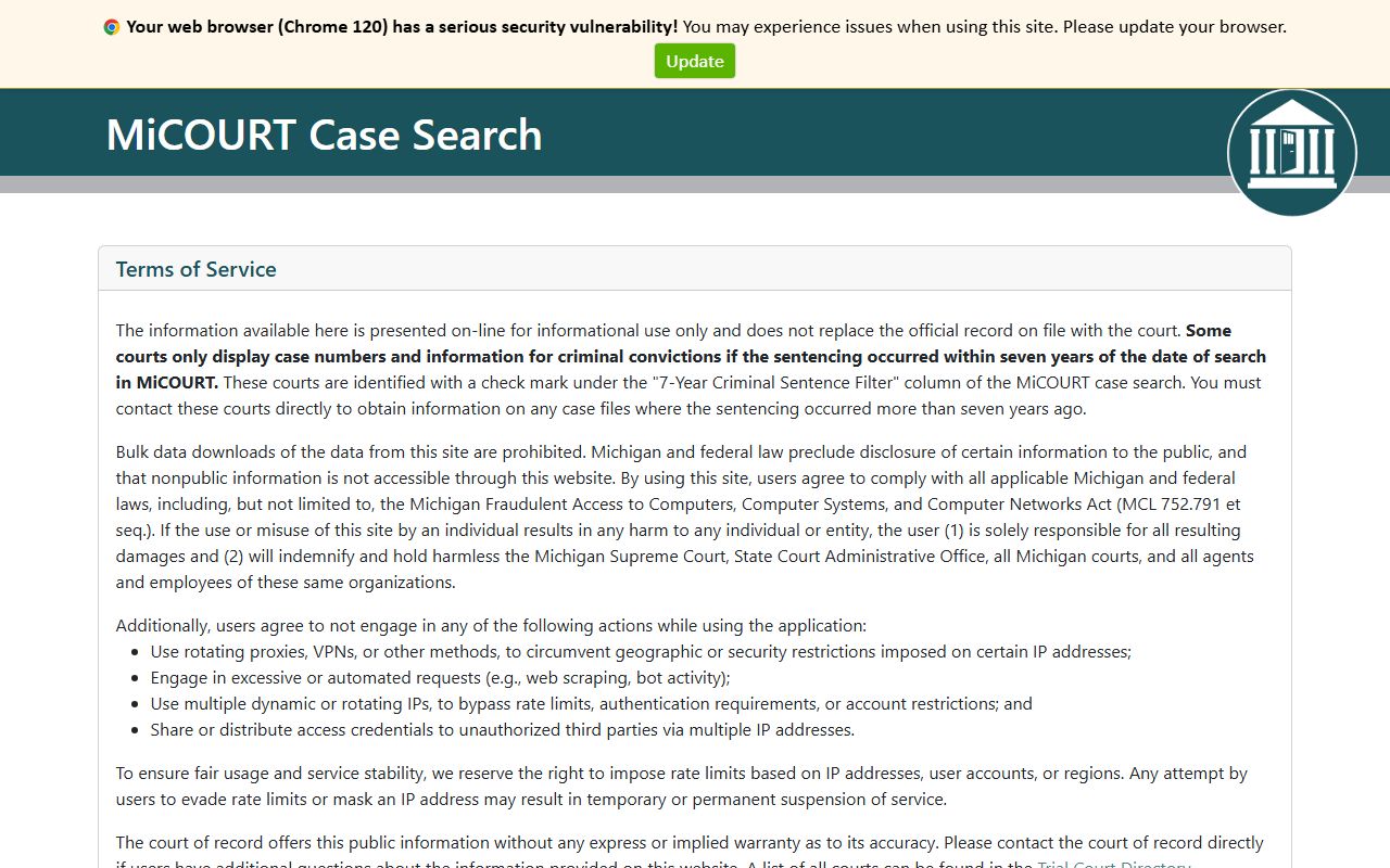 Michigan MiCOURT public case search portal for court records after an arrest